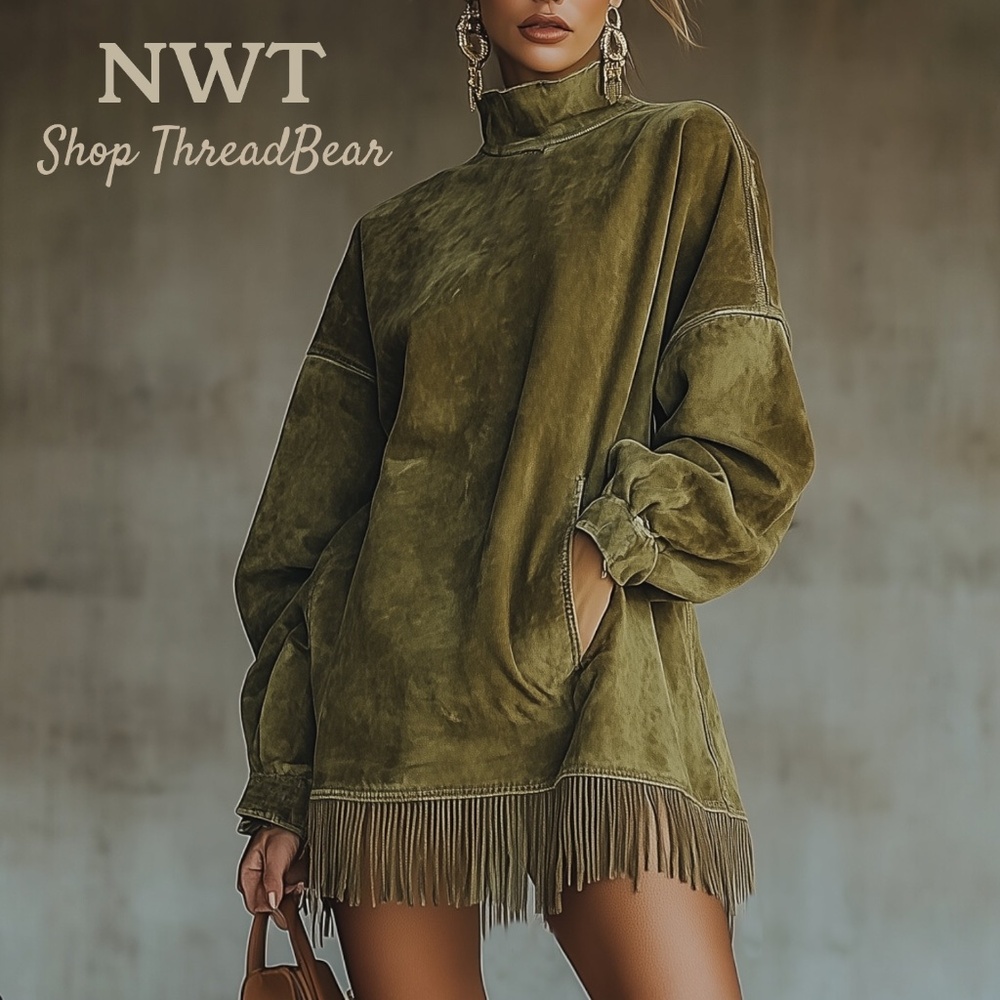 Wow! Boutique Faux Suede NWT Green Mock Dress + Fringe Trim & Pockets | Medium